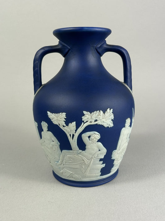 Wedgwood blue jasperware Portland Vase style miniature, 15cm