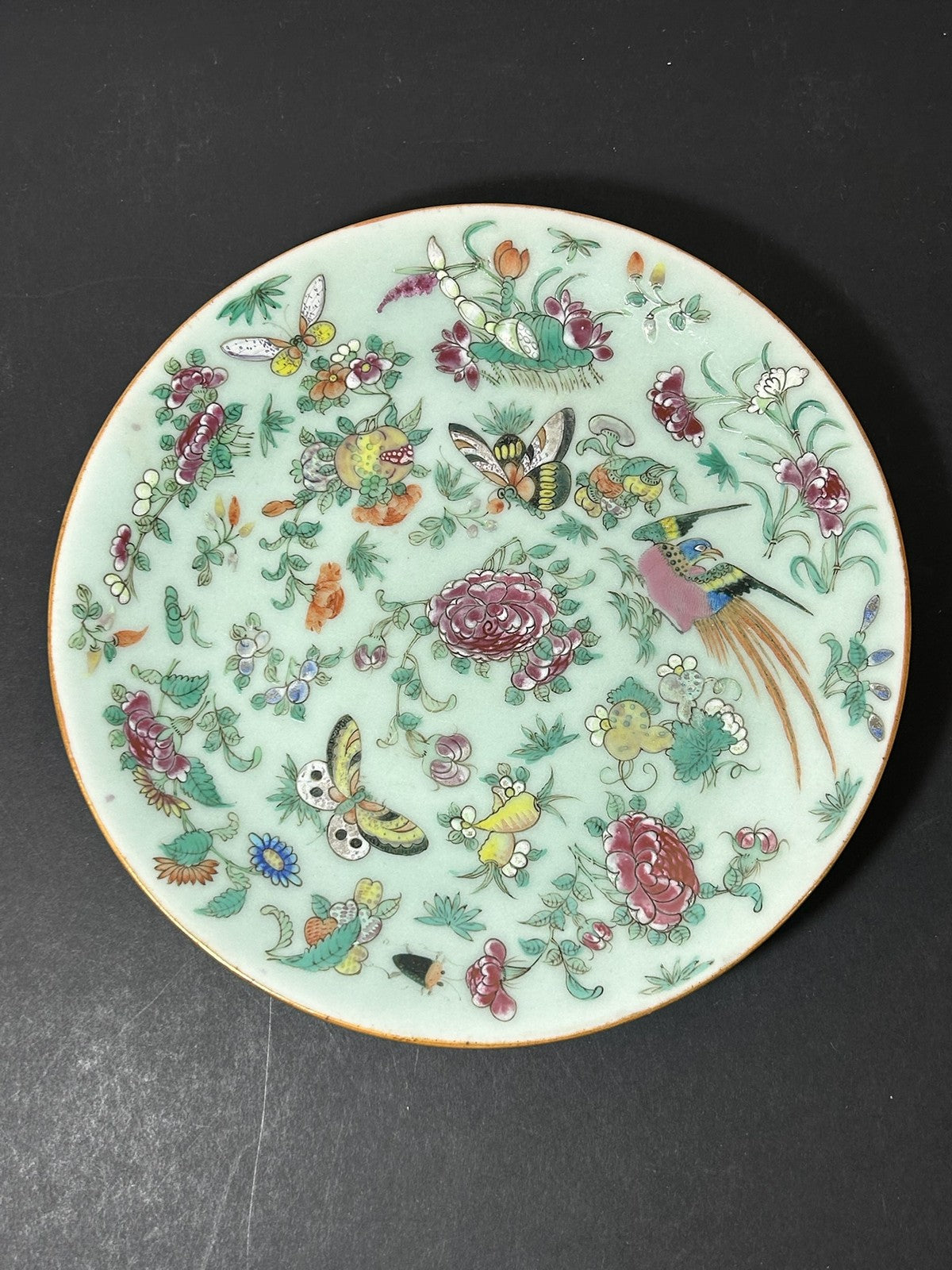 Antique Chinese Canton Famille Rose Plate Butterflies Birds Celadon Ground 24cm0