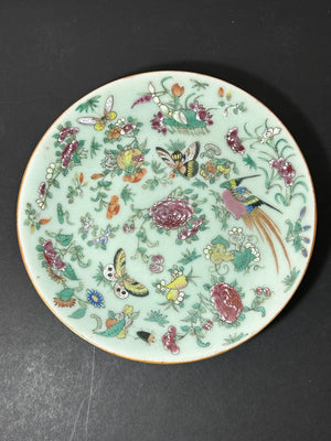 Antique Chinese Canton Famille Rose Plate Butterflies Birds Celadon Ground 24cm