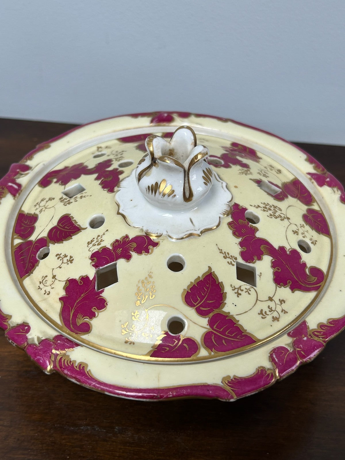 Antique Pot Pourri Vase & Pierced Cover Cream Ground Puce Floral Gilt 18cm2