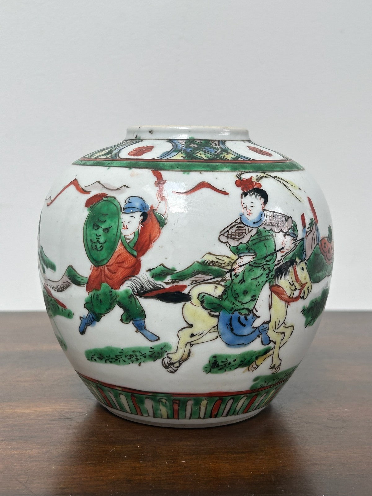 Antique Chinese Famille Verte Wucai Warrior Jar Kangxi Mark Late Qing Republic2