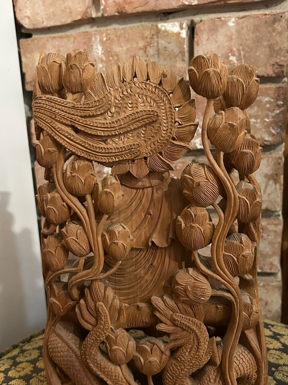 Chinese Carved Wood Guanyin Figure Group Dragons Lotus Deeply Carved Panel12