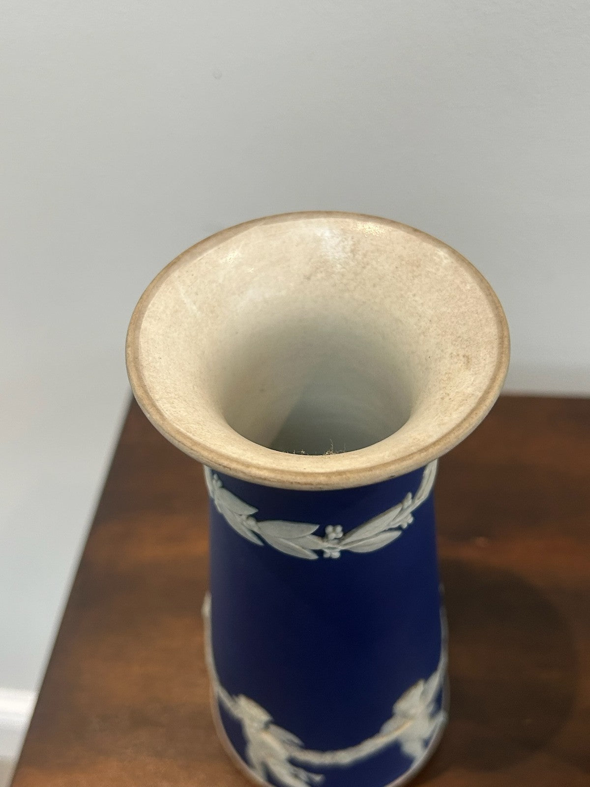 Pair Antique Wedgwood Portland Blue Jasperware Vases Cherubs Cupids (One A/F)4