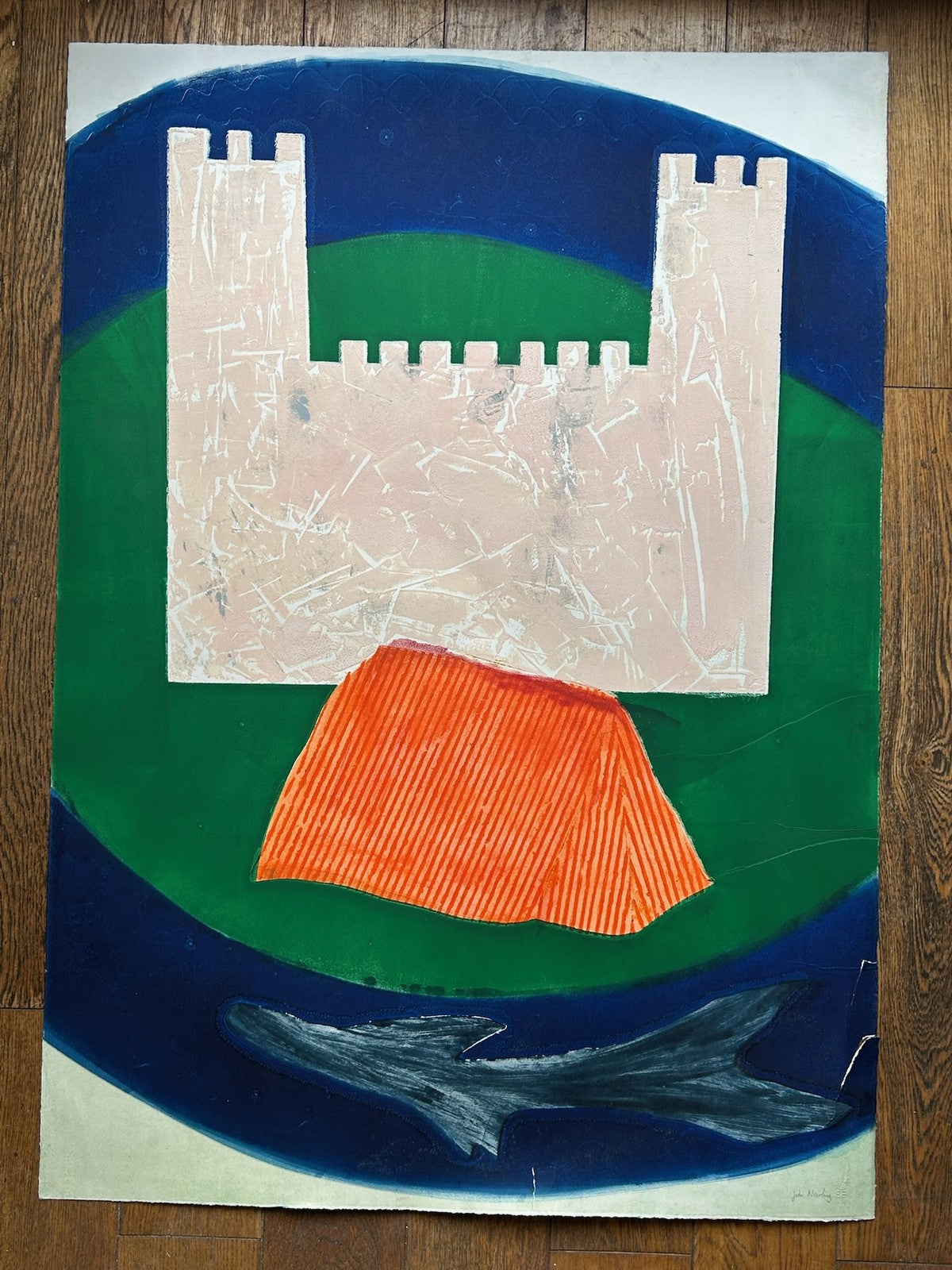 John Newling Signed Mixed Media on Paper Castle & Fish Blindstamp 108cm3