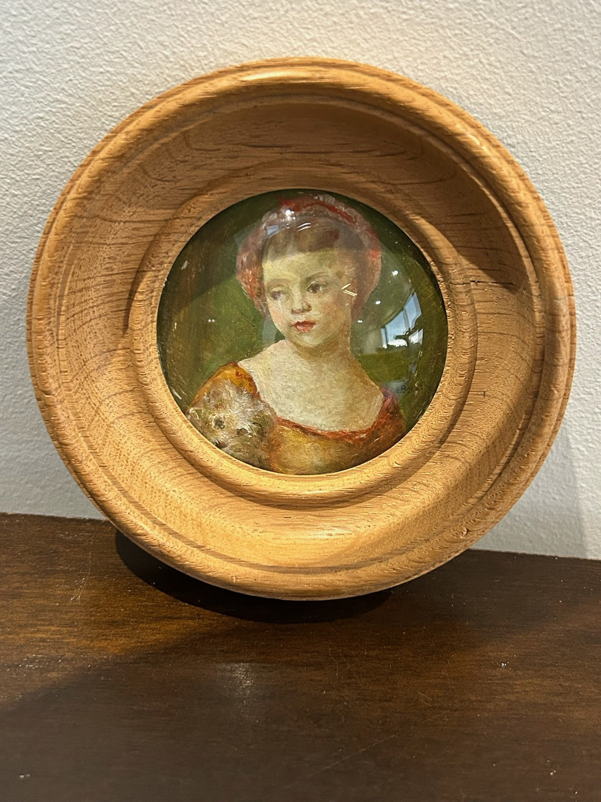 Antique Oil Miniature Portrait Young Girl Treen Wood Frame Convex Glass Signed0