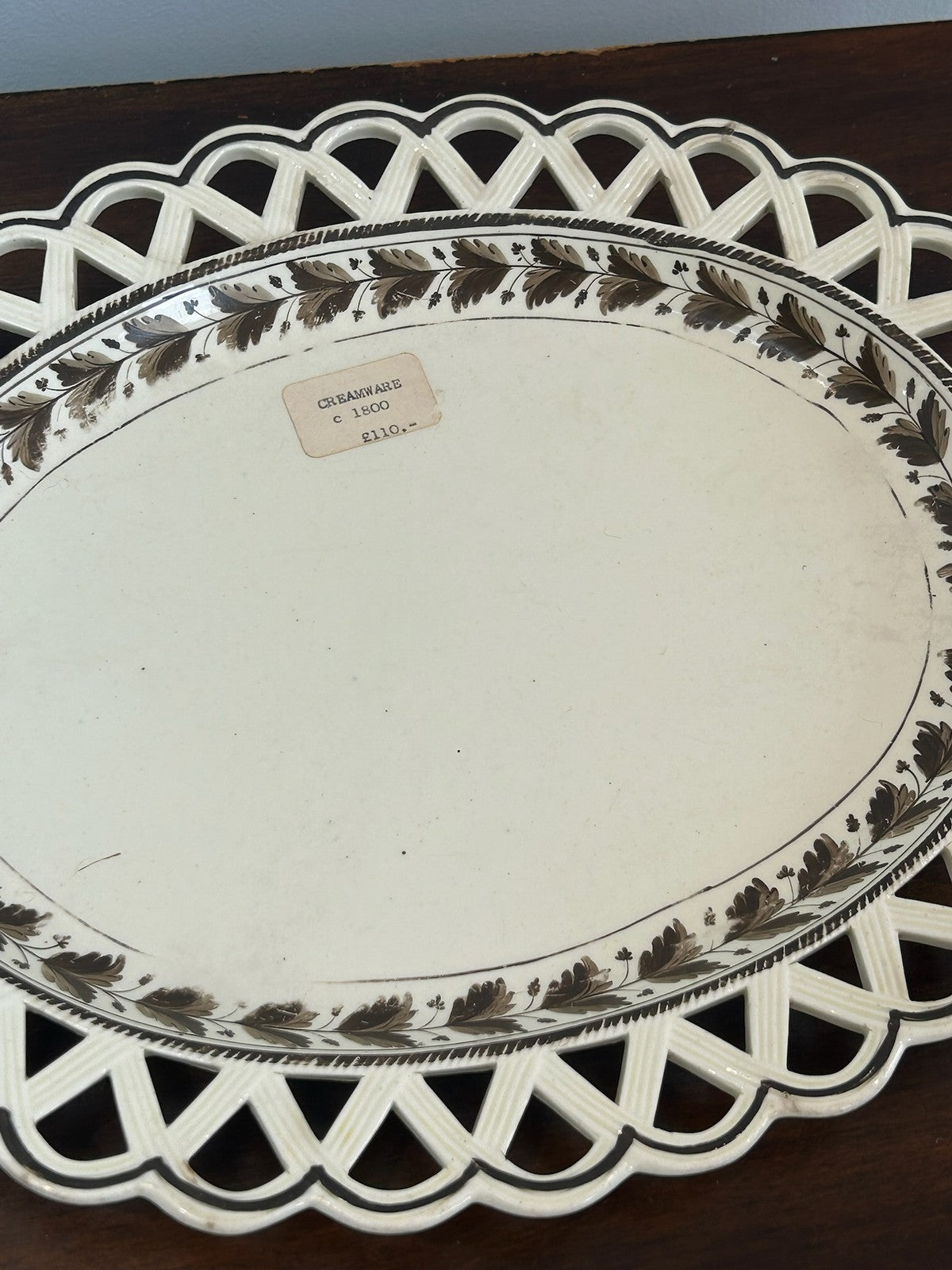 Antique Creamware Oval Dish Pierced Lattice Rim Painted Leaf Border c1800 30cm2