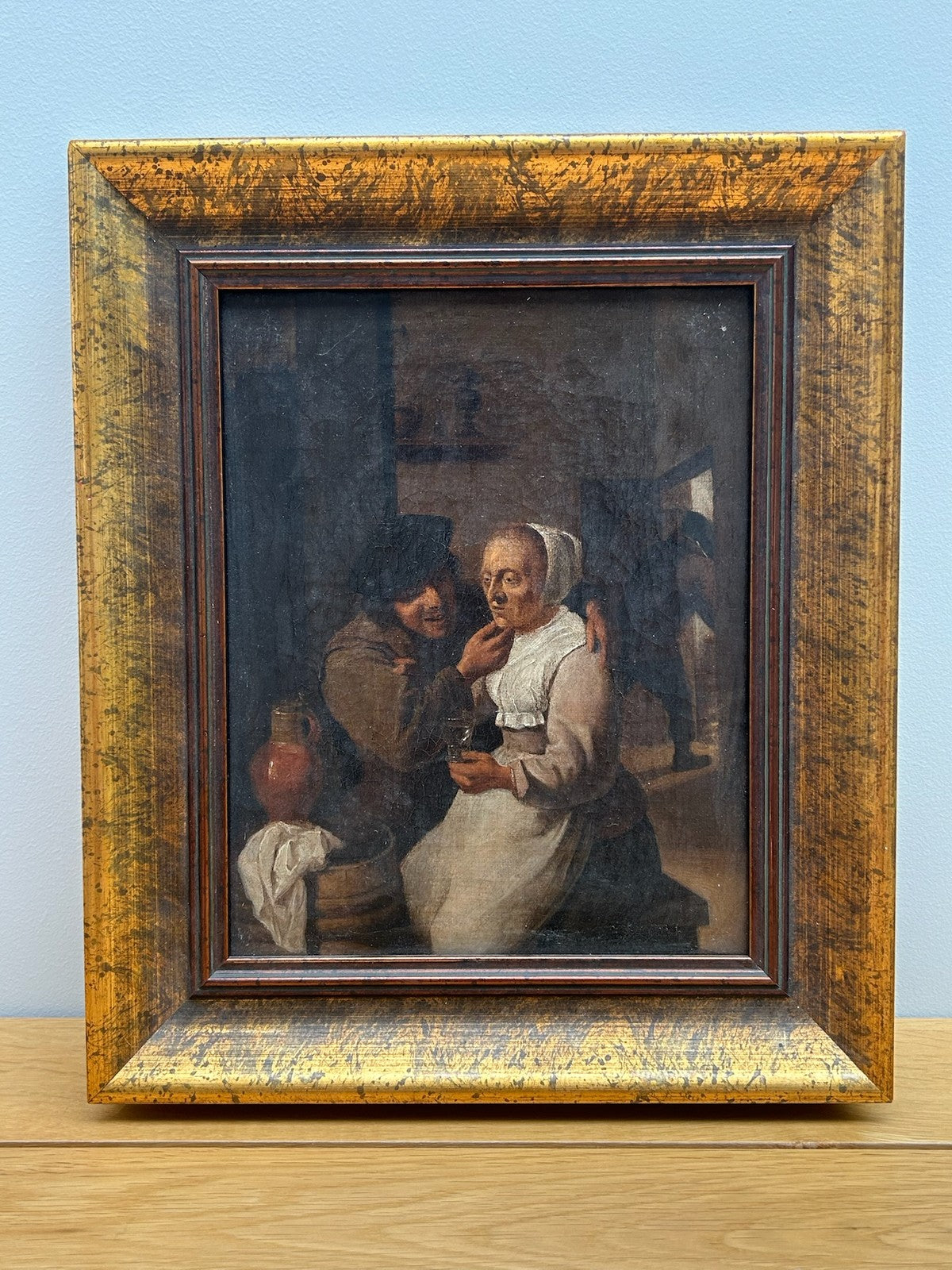 Antique Oil Painting Dutch Flemish School Tavern Scene Manner of Teniers Framed1