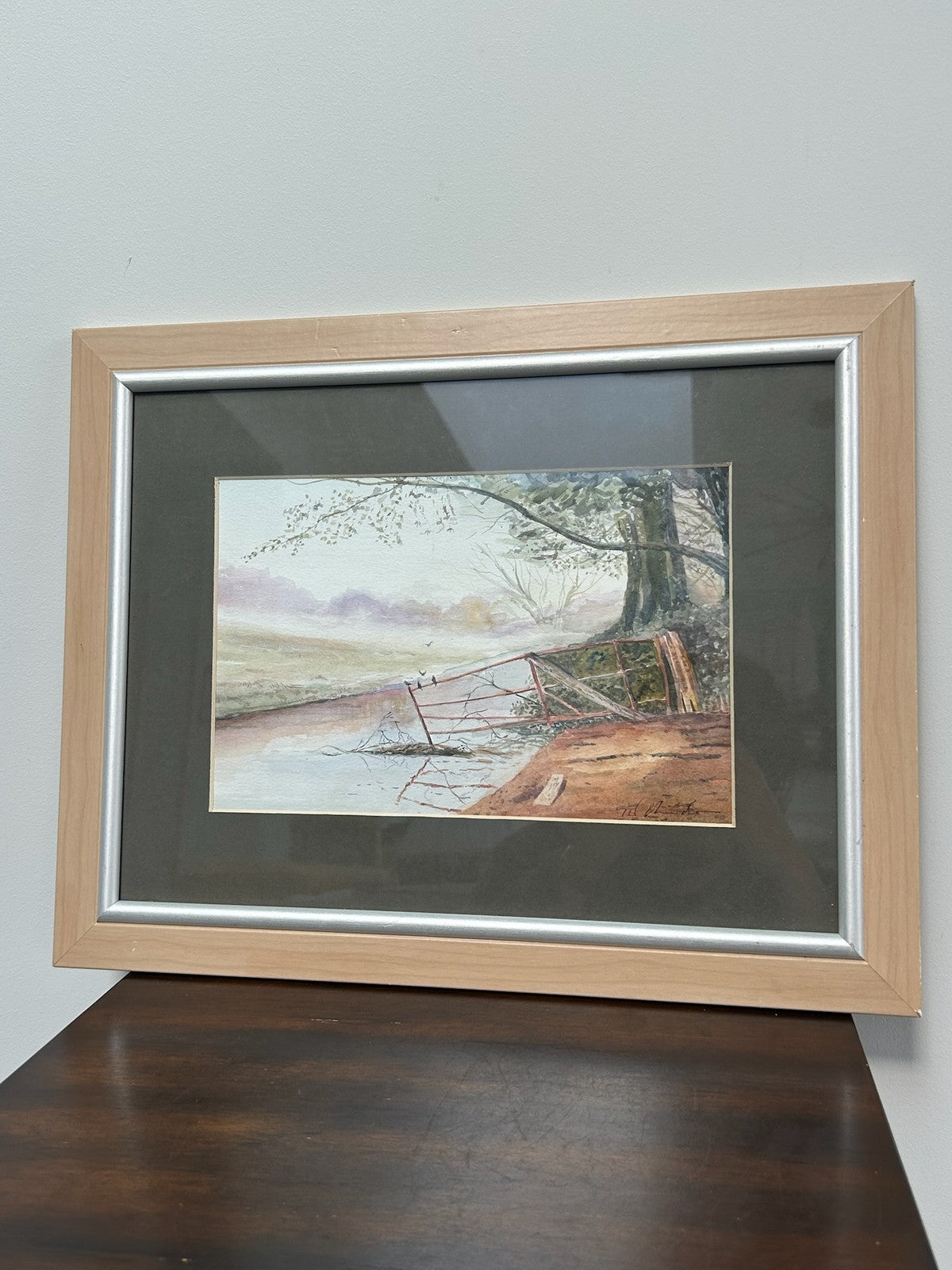 Original Watercolour Landscape River & Tree Pastel Sky Signed Framed1