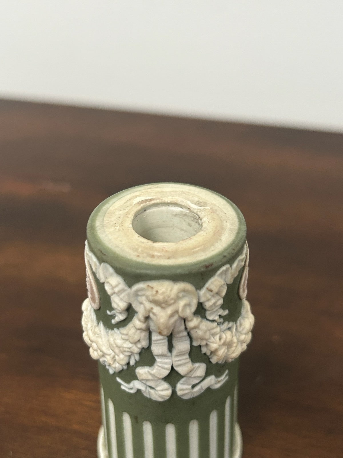 Antique Tricolour Jasperware Spill Vase Green Lilac White Masks Swags4