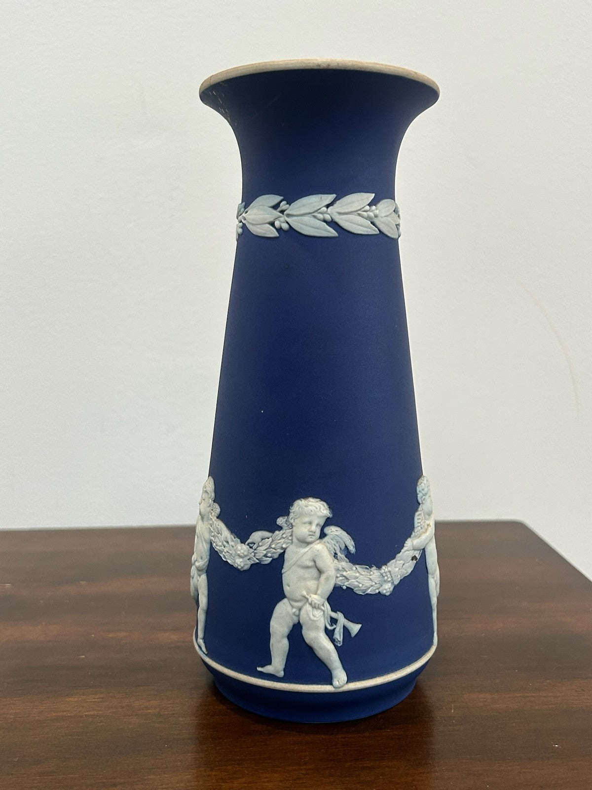 Pair Antique Wedgwood Portland Blue Jasperware Vases Cherubs Cupids (One A/F)7