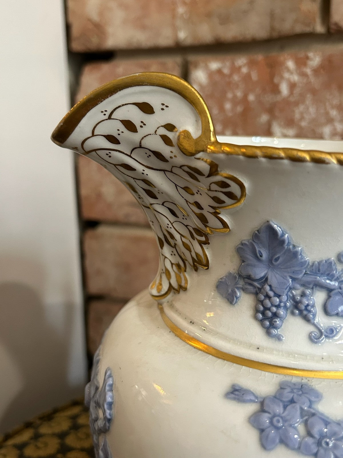 Antique Relief Moulded Jug Blue Sprigged Flowers Grapes Gilt Rim Victorian4
