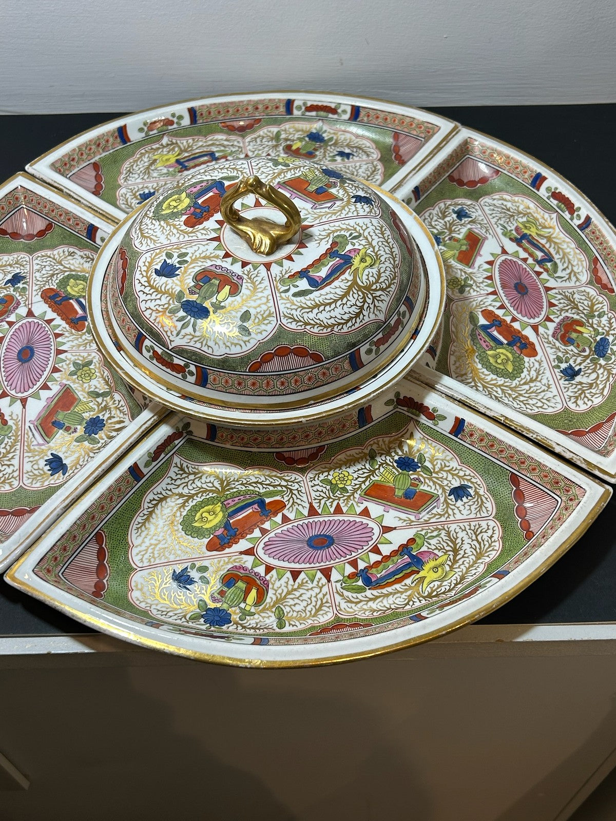 Antique Regency Supper Set Dragons in Compartments Covered Centre Quadrants AF3