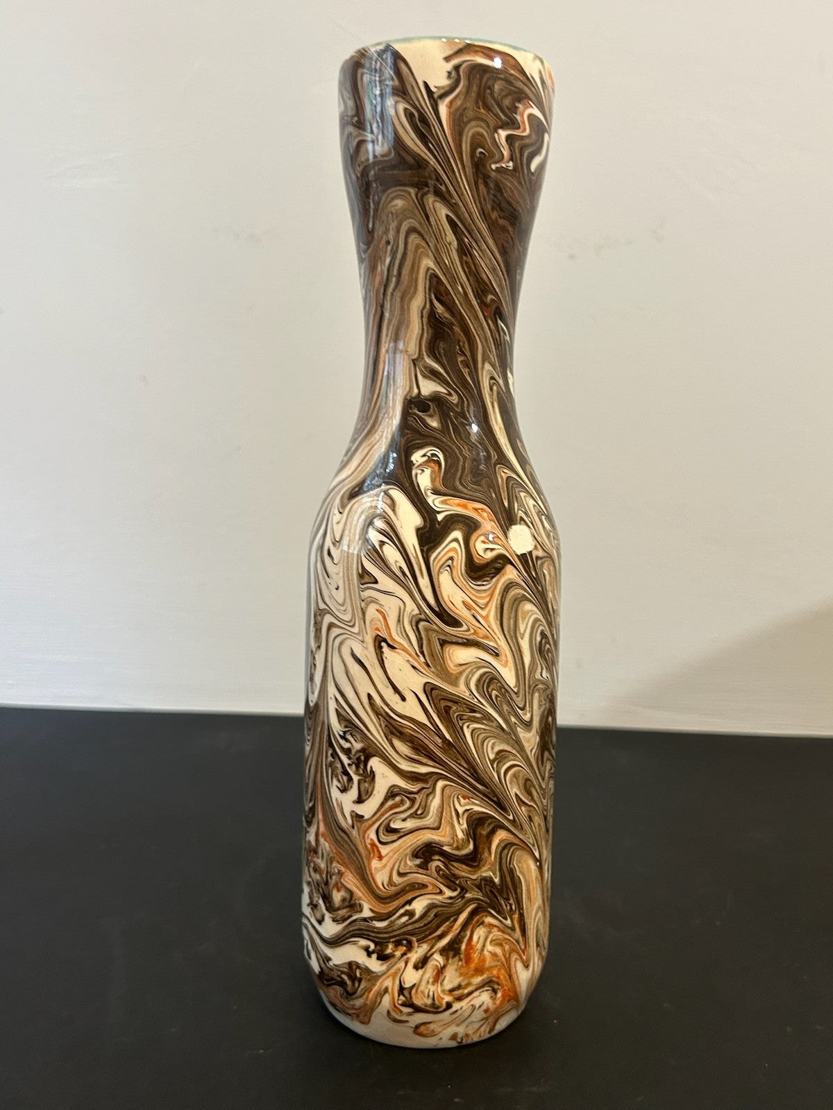 1960s Italian Marbled Agate Pottery Bottle Vase Brown Cream Swirl 28cm3