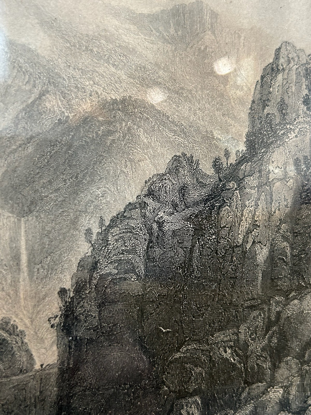 Antique 1865 France Voiron Chartreuse Valley Isere Waterfall Engraving Gilt Fram4