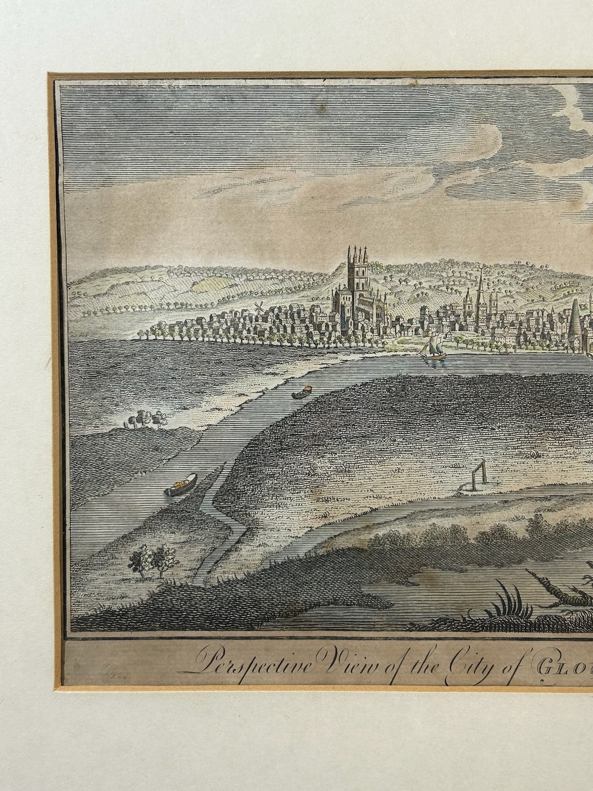 Perspective View of the City of Gloucester 18thC Hand Coloured Engraving Framed2
