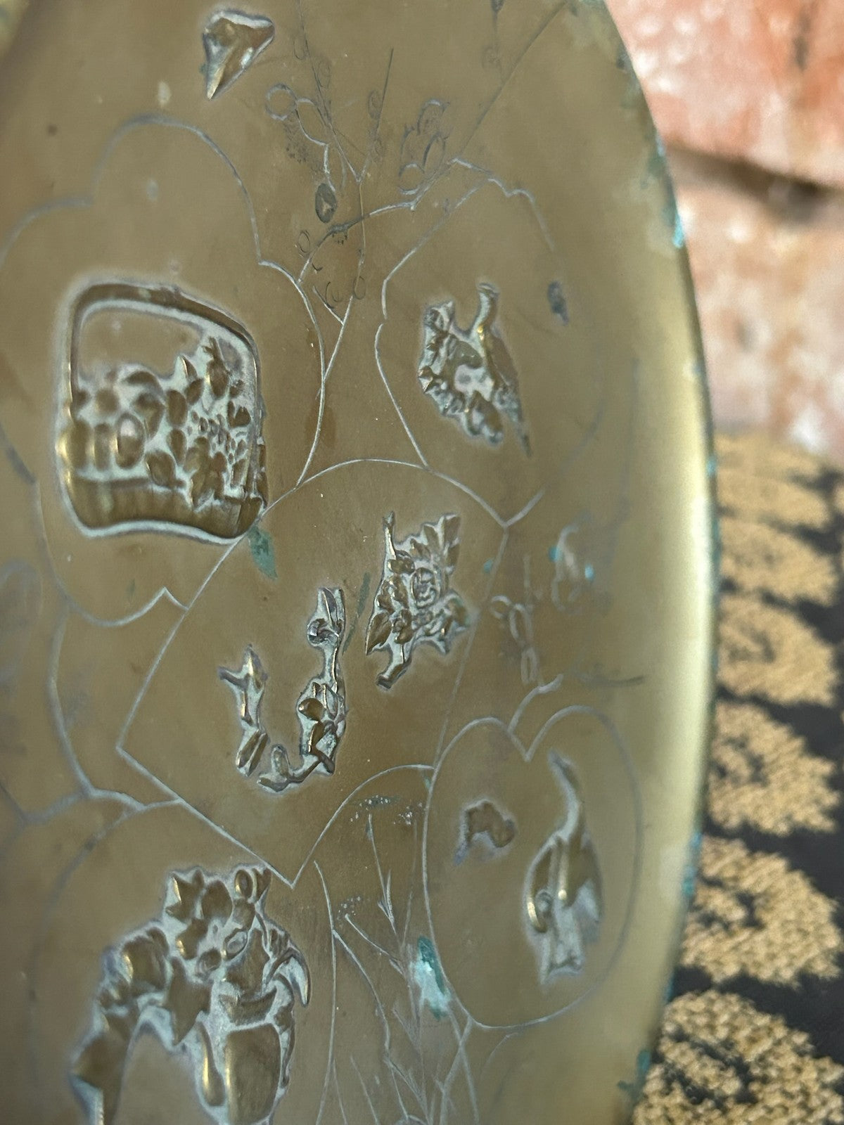 Japanese Brass Relief Dish Engraved Fan Panels Birds Flowers Plum Blossom8