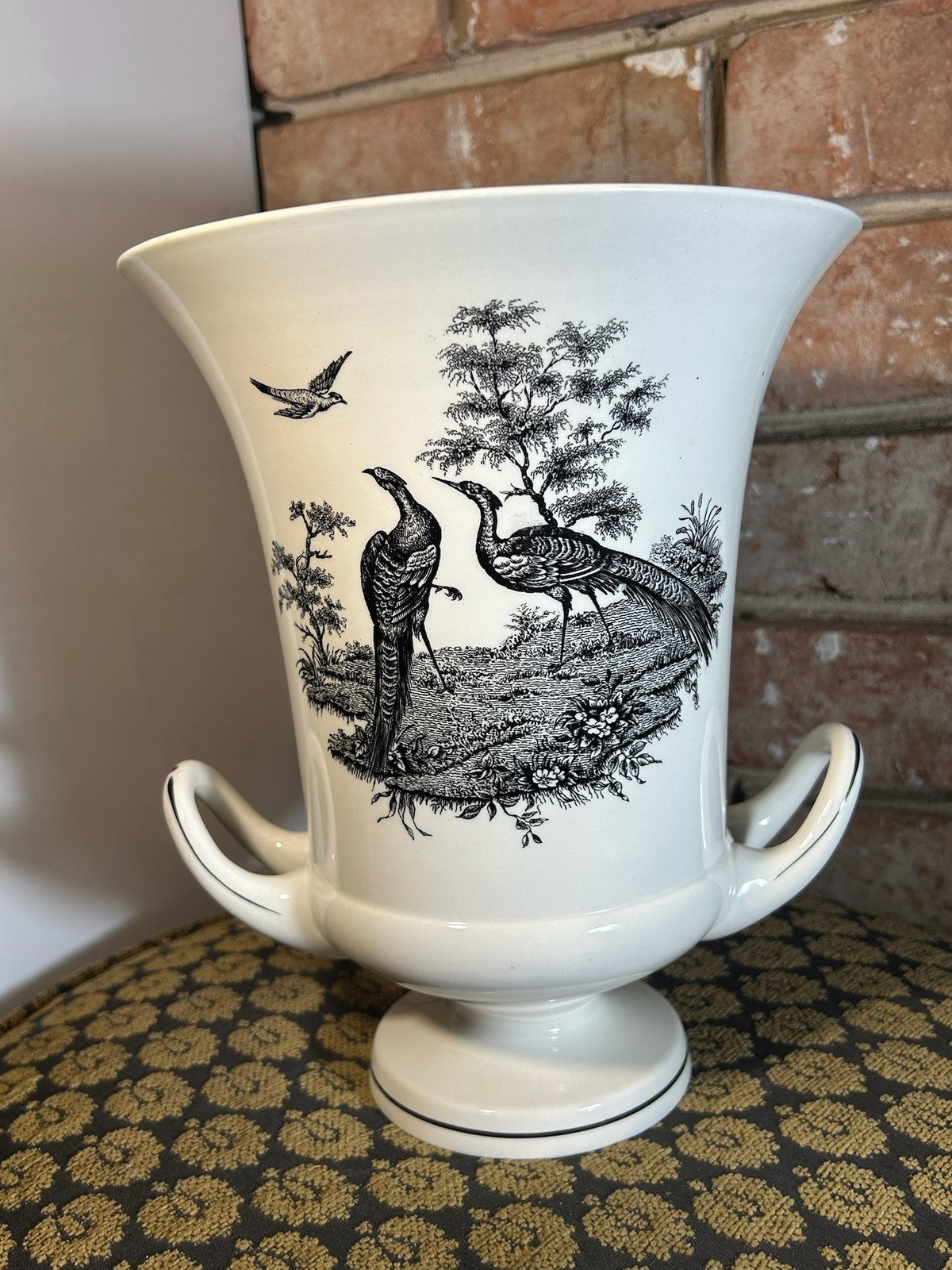 Wedgwood Queensware Campana Vase Black Printed Birds Peacock Twin Handles0