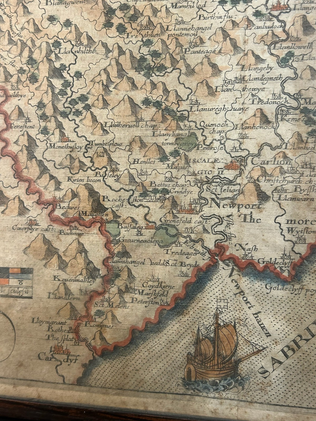 Antique Monmouthshire Map Camden Britannia c.1607 Saxton Hand Coloured Framed6