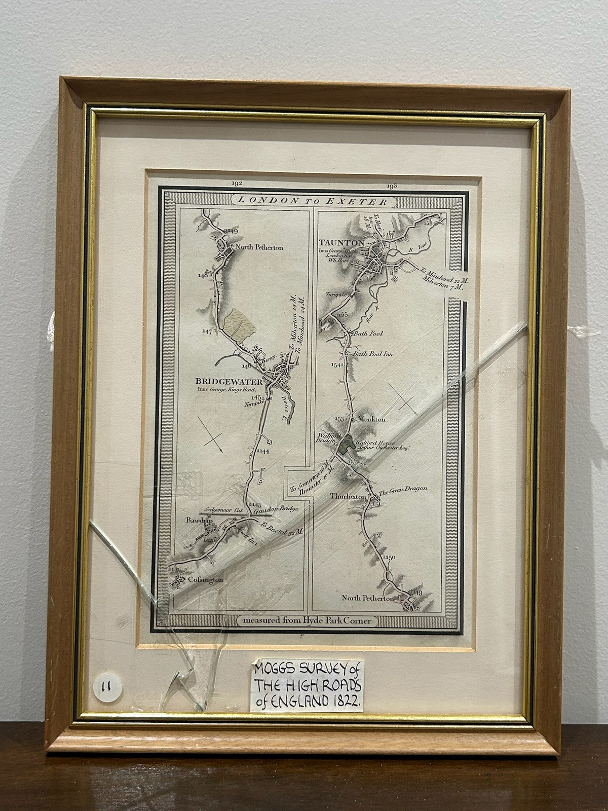 Antique 1822 Mogg Survey High Roads Map London to Exeter Taunton Framed0