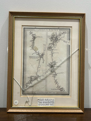 Antique 1822 Mogg Survey High Roads Map London to Exeter Taunton Framed