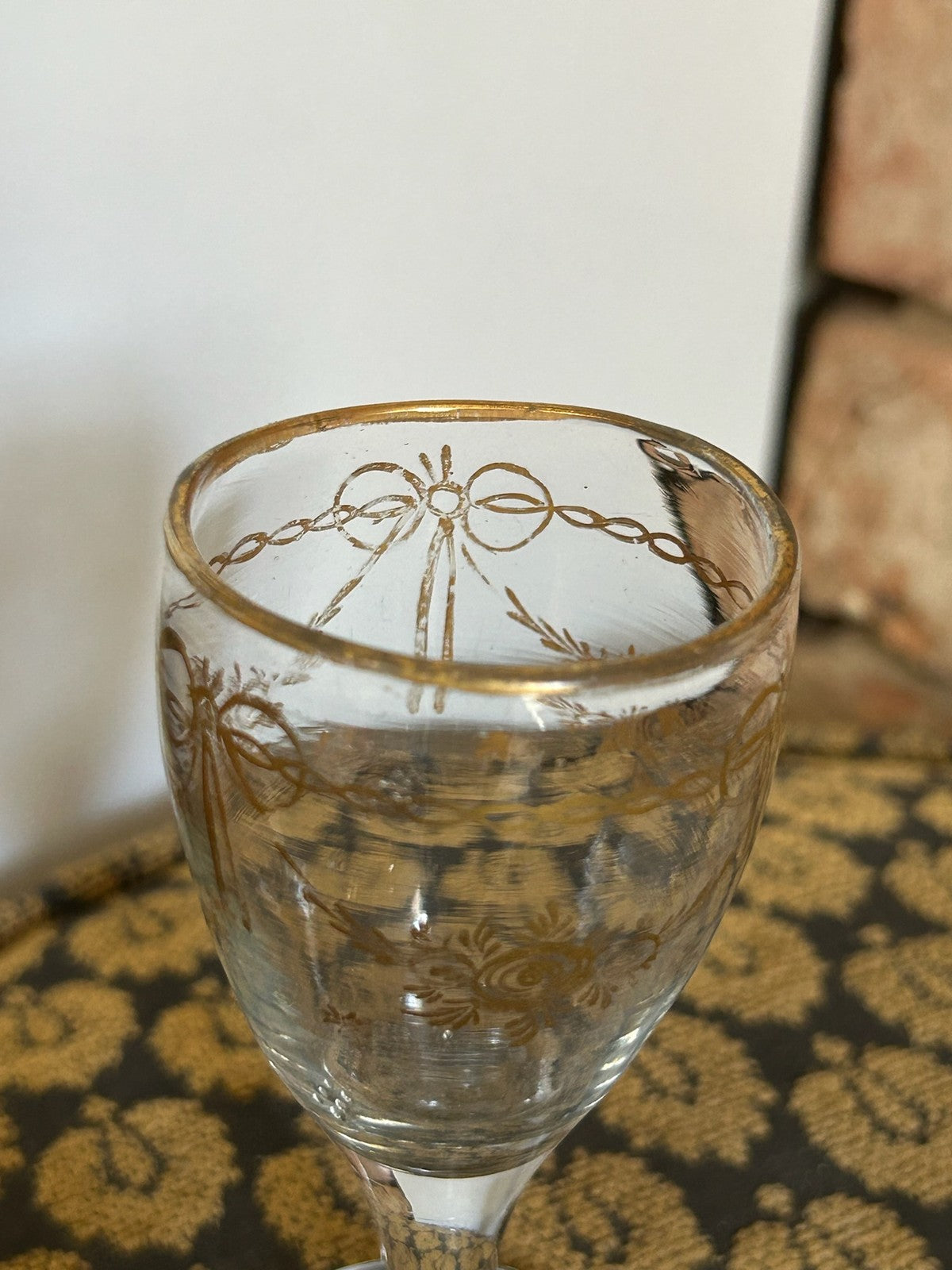 Antique Hand Blown Wine Glass Gilt Ribbon Bow Swags Rose Sprays Pontil Gilt Rim3