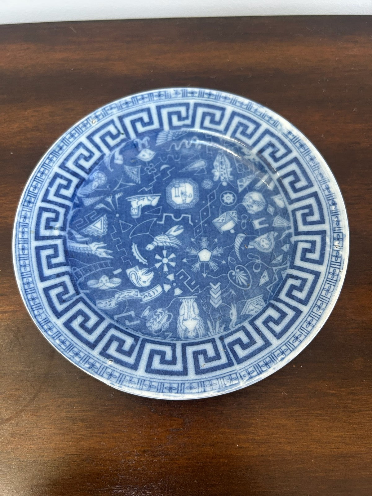 Antique Chinese Blue White Porcelain Saucer Key Fret Border0