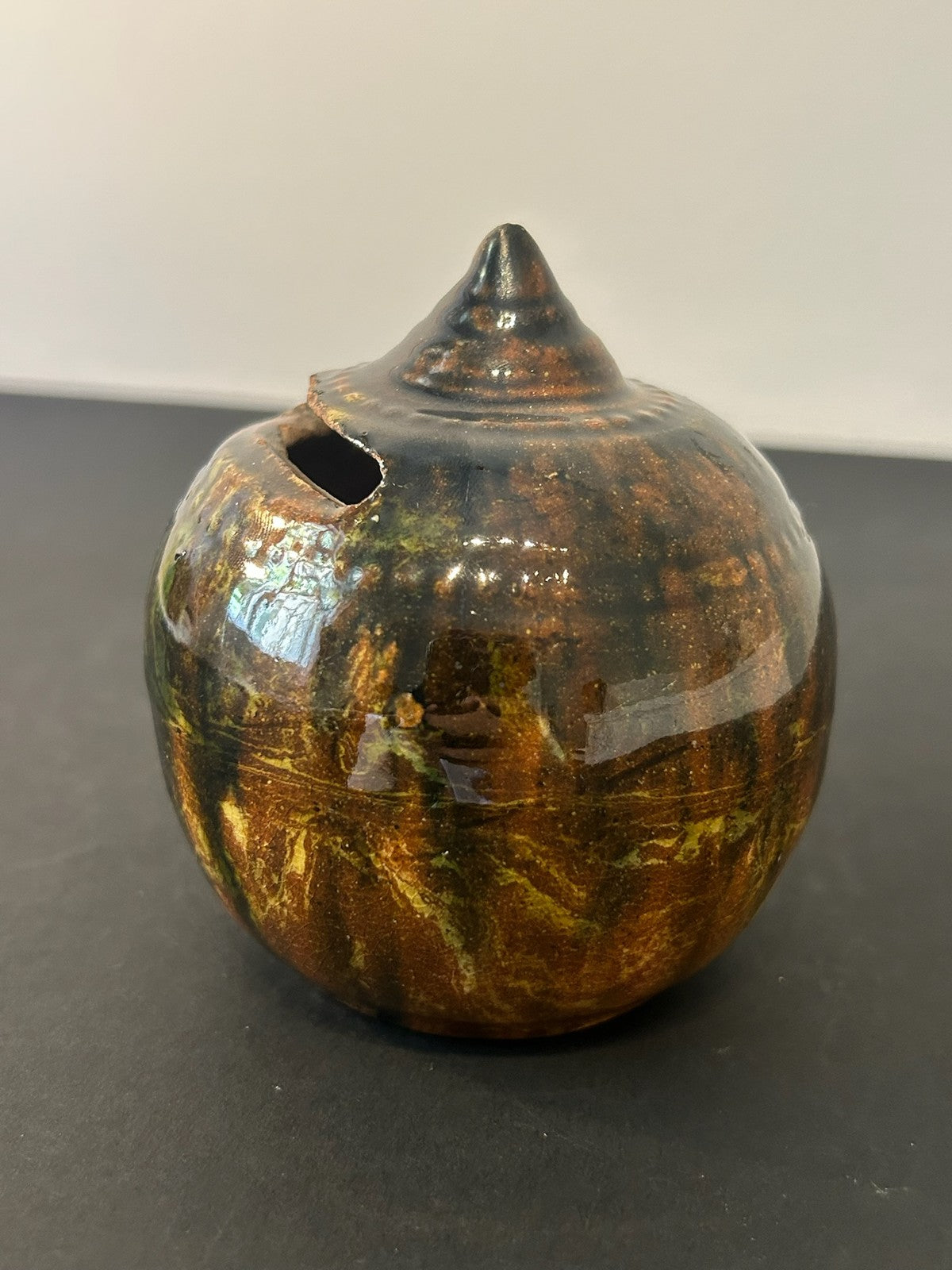 Antique 19th Century Pottery Beehive Money Box Knop Finial Mottled Treacle Glaze1