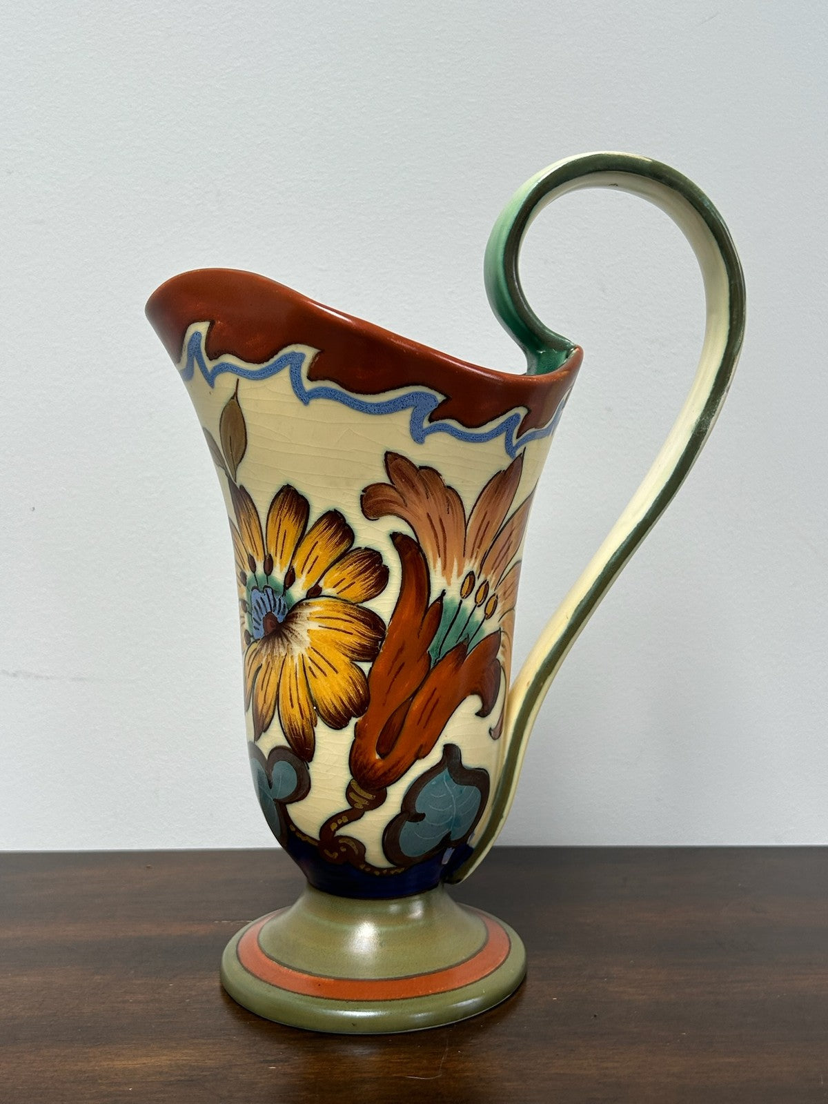 Gouda Dutch Art Pottery Ewer Jug Hand Painted Floral Matt Glaze 27cm1