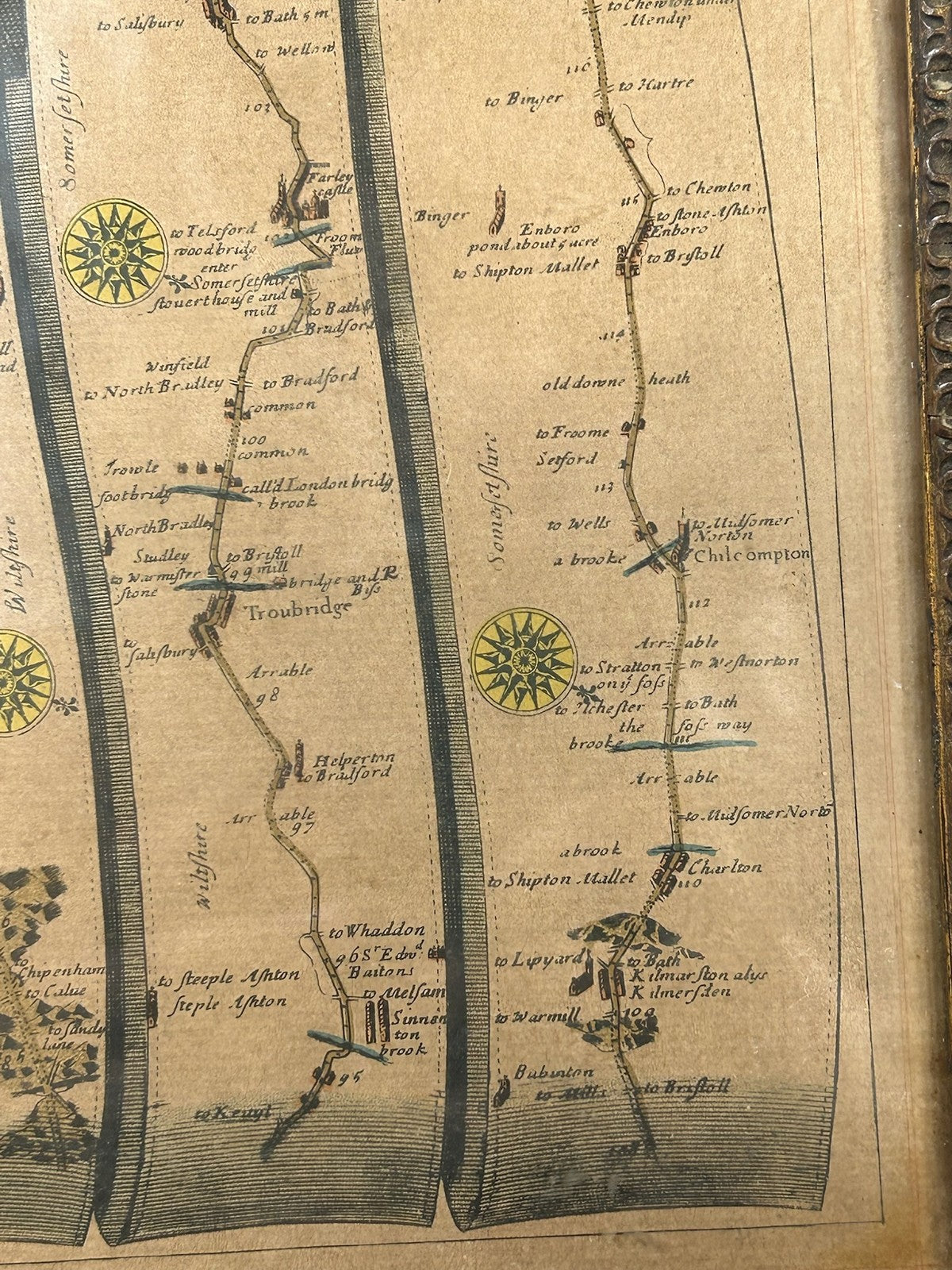 John Ogilby Road from London to Bath & Wells 17thC Strip Road Map Hand Coloured6