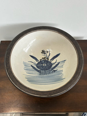 Antique Chinese Bleu de Hue Lotus Pond Bowl Metal Rim Vietnamese Market 26cm