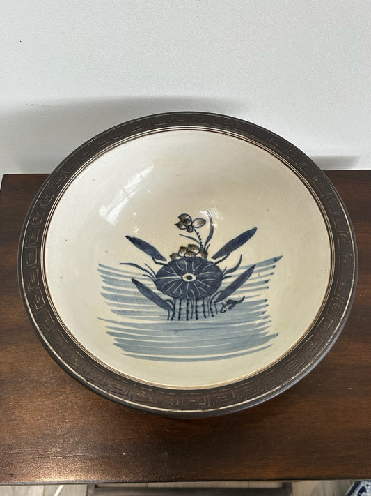 Antique Chinese Bleu de Hue Lotus Pond Bowl Metal Rim Vietnamese Market 26cm0