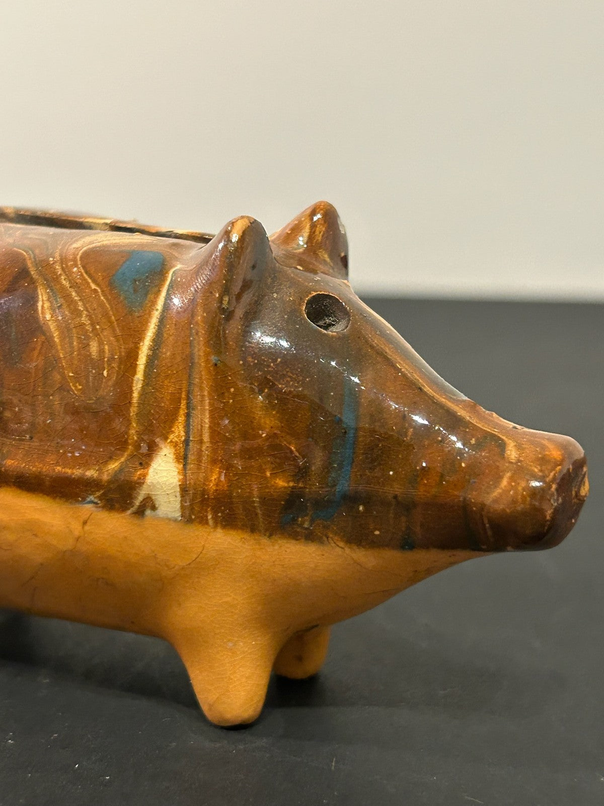 Antique 19th Century Slipware Pig Money Box Trailed Slip Earthenware Folk 11cm5