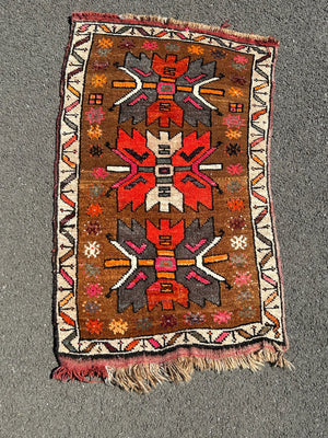 Vintage Tribal Rug Anatolian Style Red Orange Brown Geometric Hooked Medallions