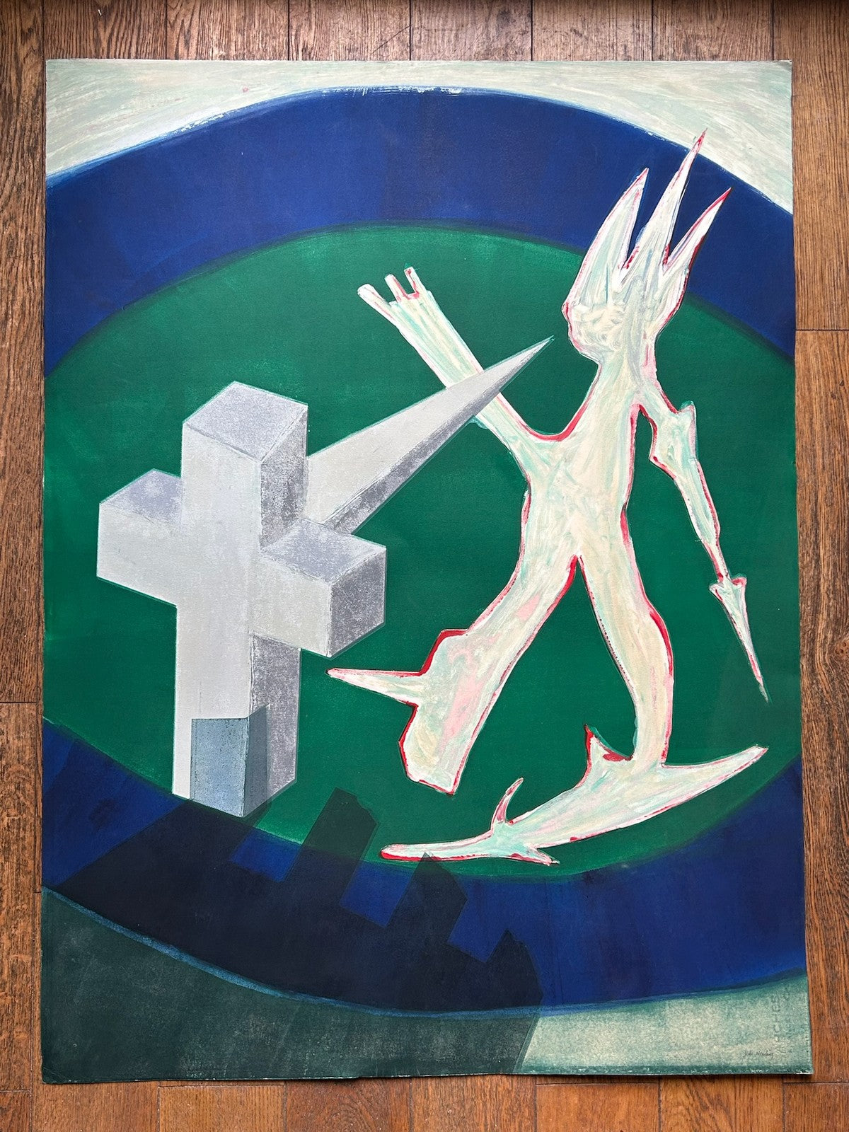 John Newling Signed Mixed Media on Paper Cross & Figure Blindstamp 108cm0