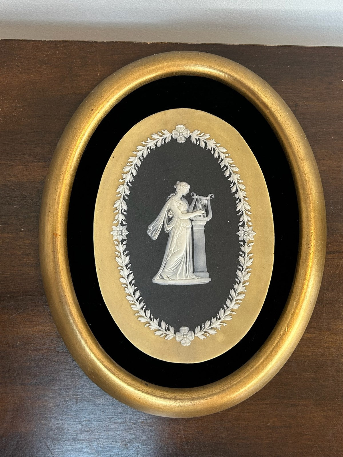 Wedgwood Tricolour Jasperware Framed Oval Plaque Classical Maiden 23x181