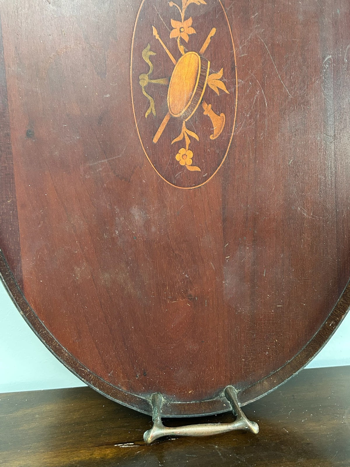 Edwardian Marquetry Inlaid Mahogany Oval Gallery Tray Brass Handles1