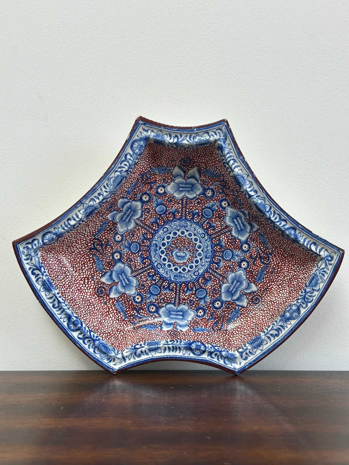 Antique Staffordshire Blue Puce Transfer Shaped Dish Old Staple Repairs0