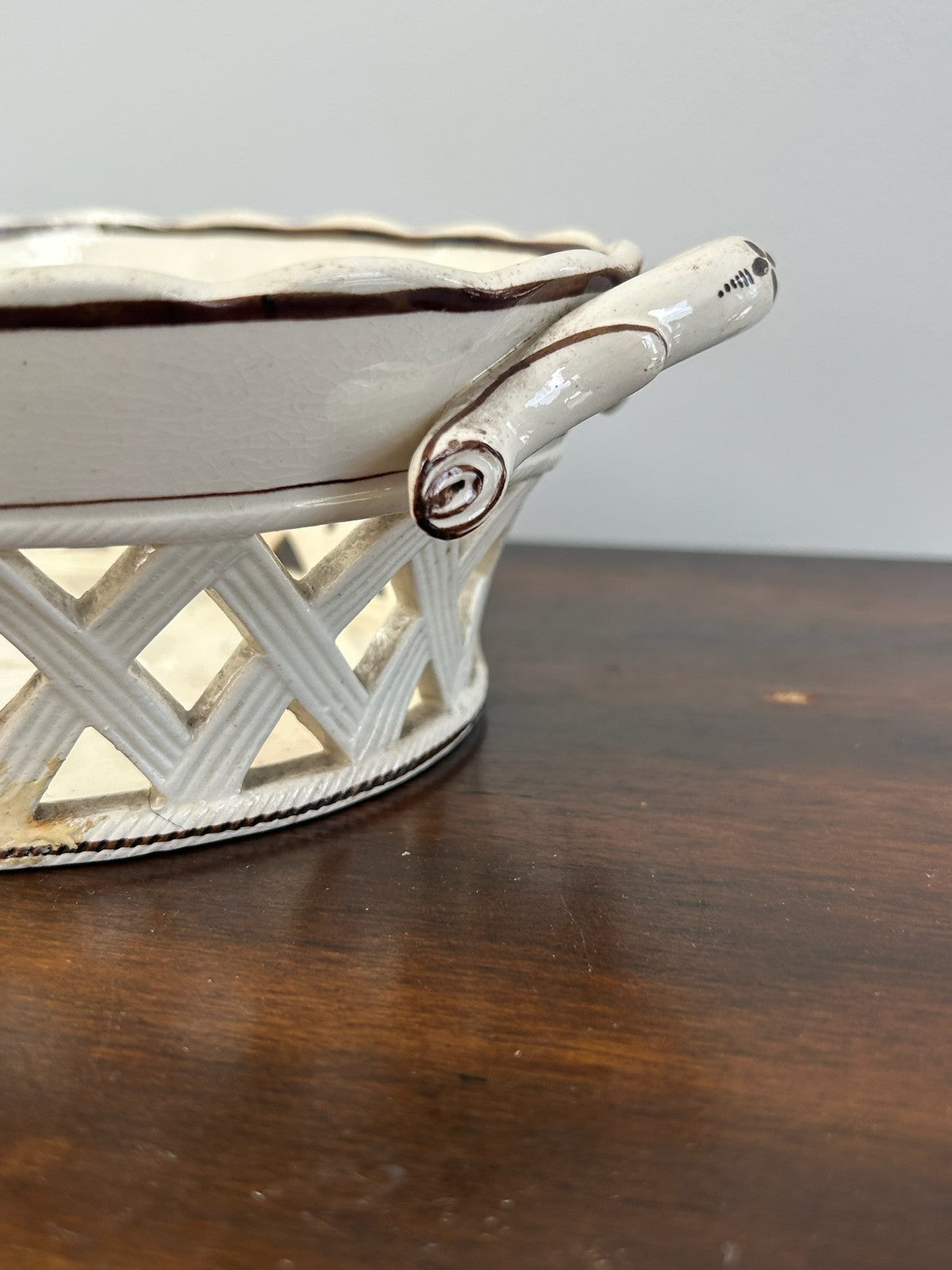 Antique Creamware Twin Handled Pierced Oval Basket A/F3