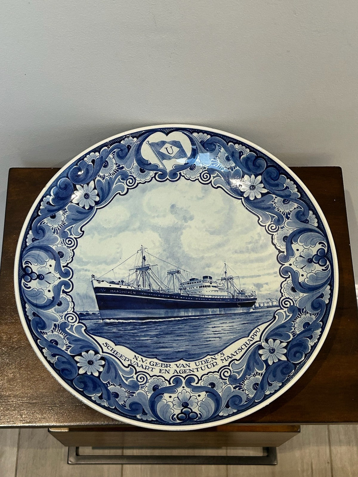 Vintage Boch Delft Plate Van Uden Rotterdam SS Maashaven Shipping Commemorative0