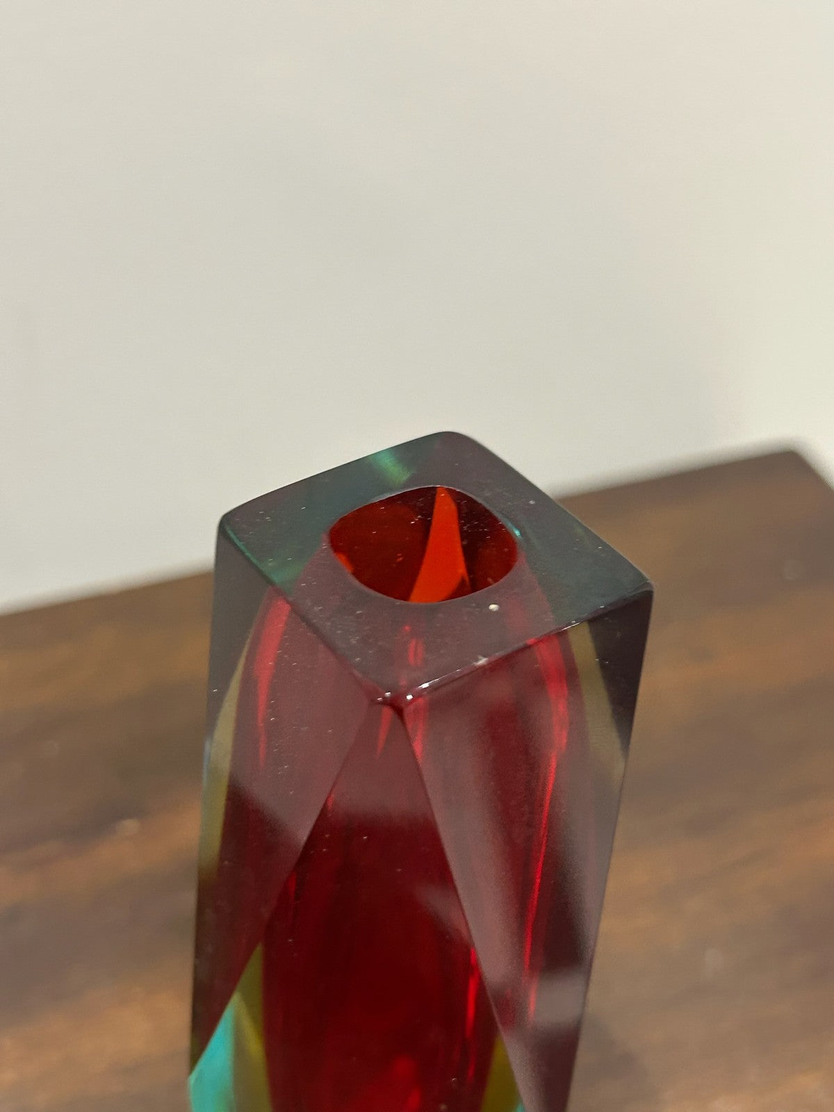 Murano Sommerso Faceted Glass Vase Red Yellow Mid Century3