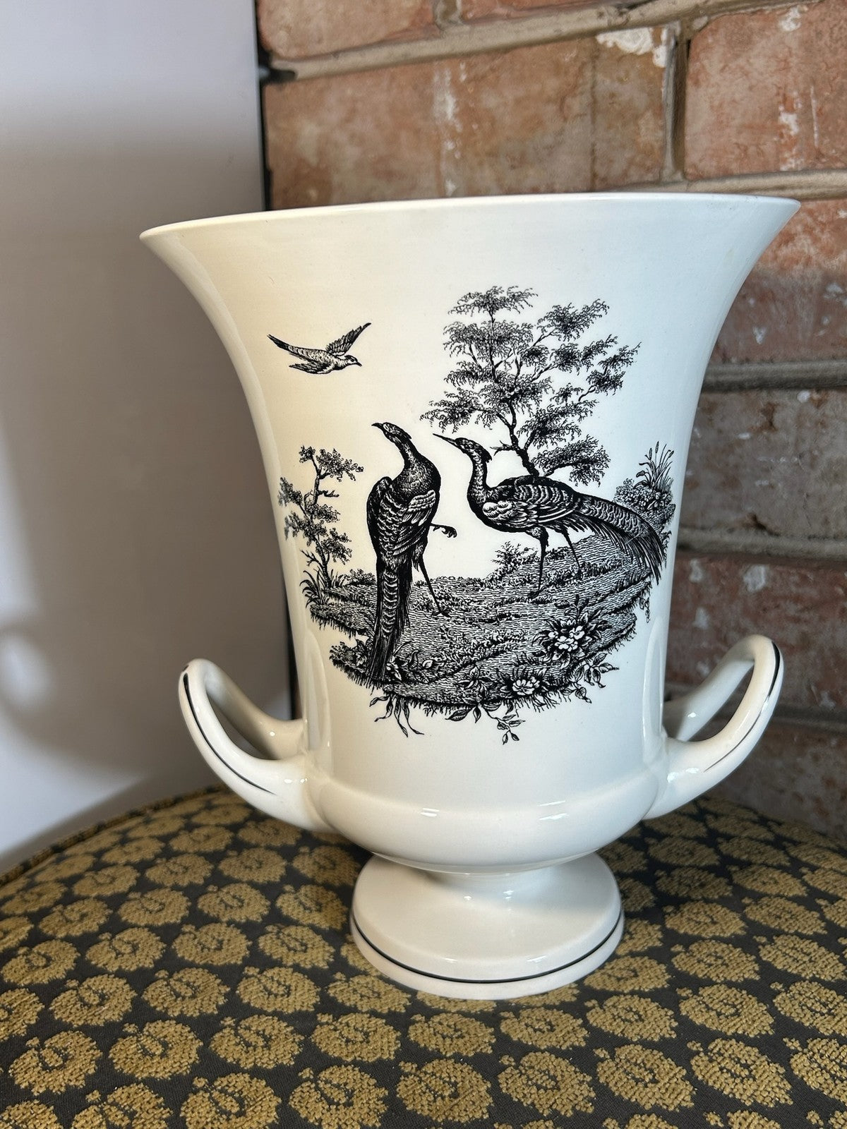 Wedgwood Queensware Campana Vase Black Printed Birds Peacock Twin Handles1