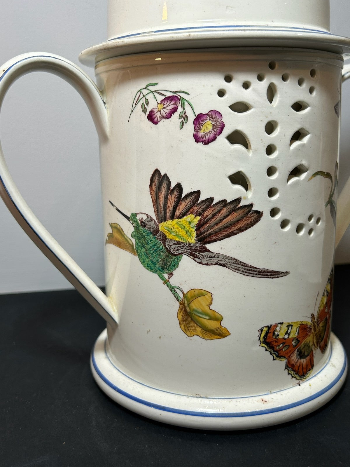 Antique Wedgwood Creamware Veilleuse Tea Warmer Painted Birds Butterflies c182010
