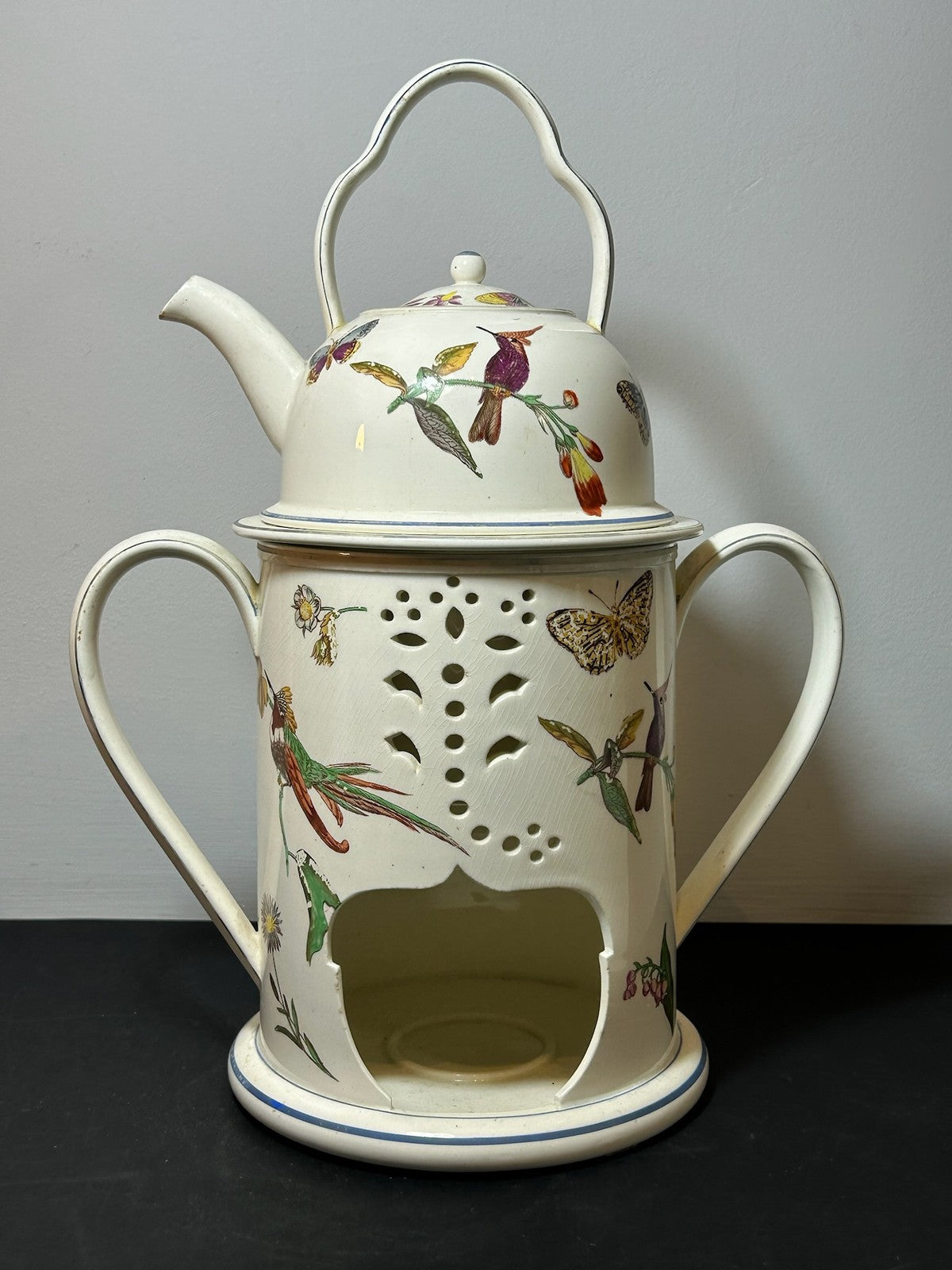 Antique Wedgwood Creamware Veilleuse Tea Warmer Painted Birds Butterflies c18200