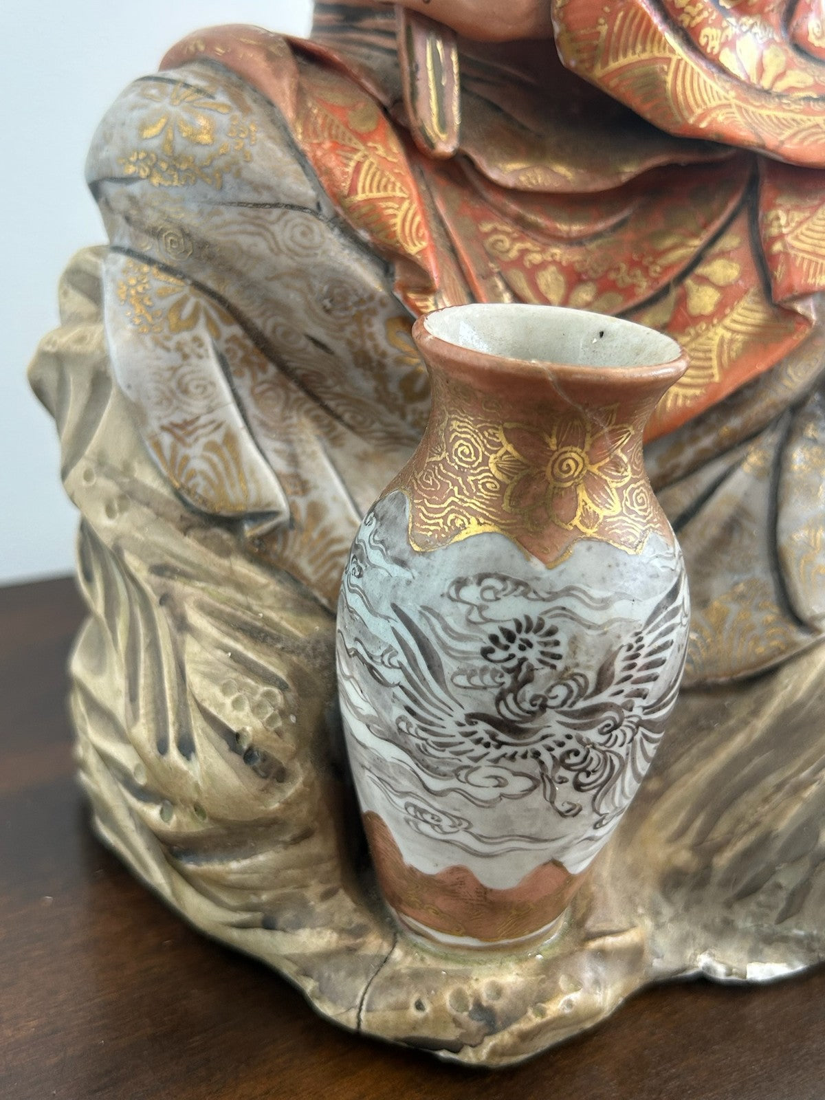 Antique Japanese Meiji Polychrome Pottery Figure of a Luohan / Monk & Vase5