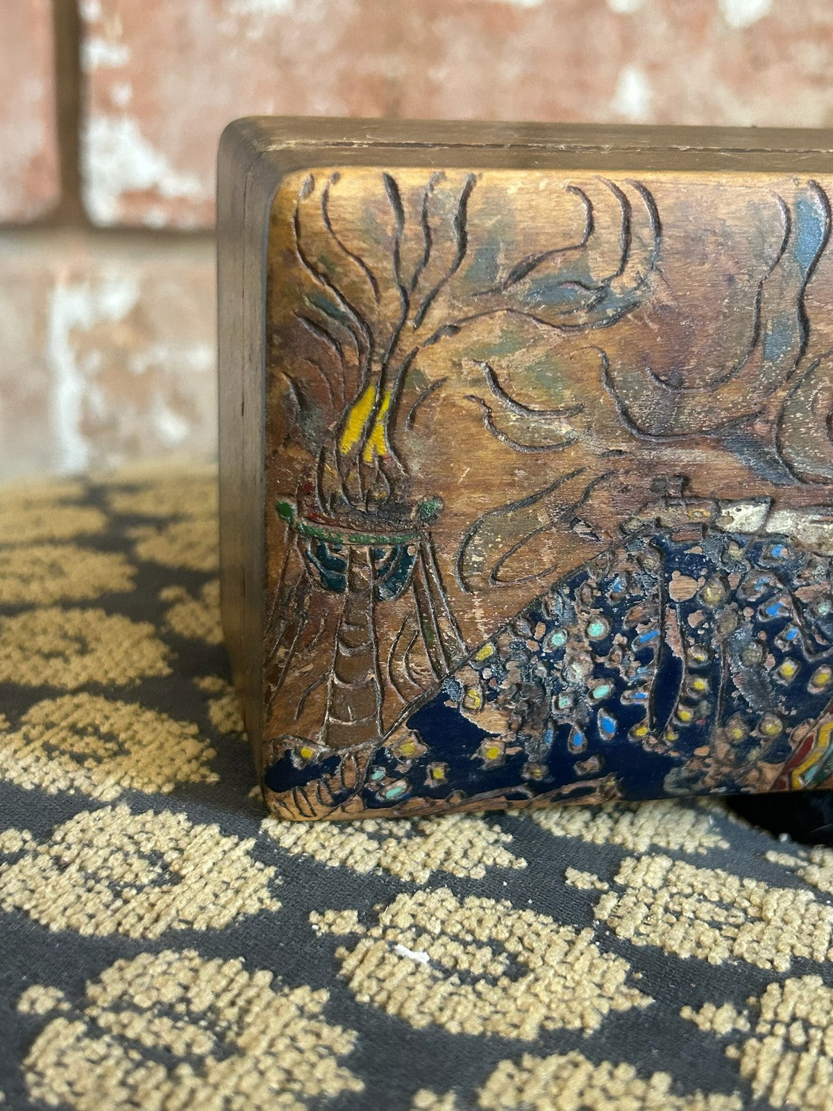 Vintage Carved Painted Wooden Box Relief Figure Deity Polychrome Hinged Lid3