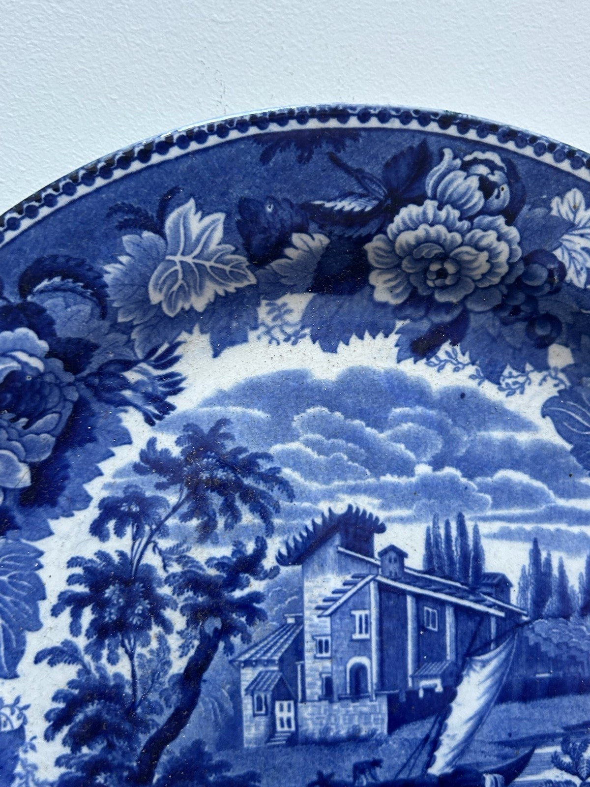 Antique Staffordshire Dark Blue Transferware Plate c1820 Castle Ruins Floral2