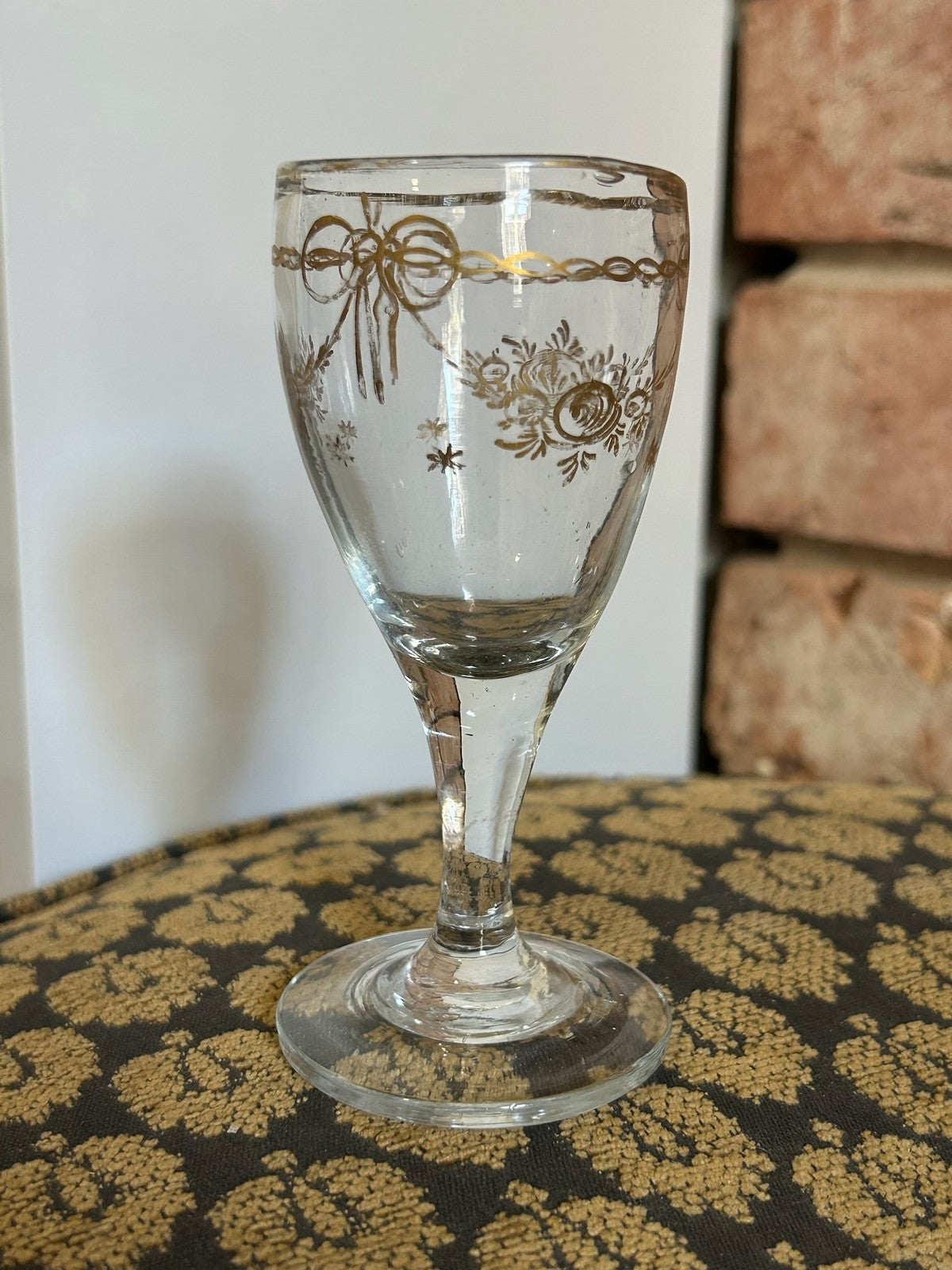 Antique Hand Blown Wine Glass Gilt Ribbon Bow Swags Rose Sprays Pontil Gilt Rim1
