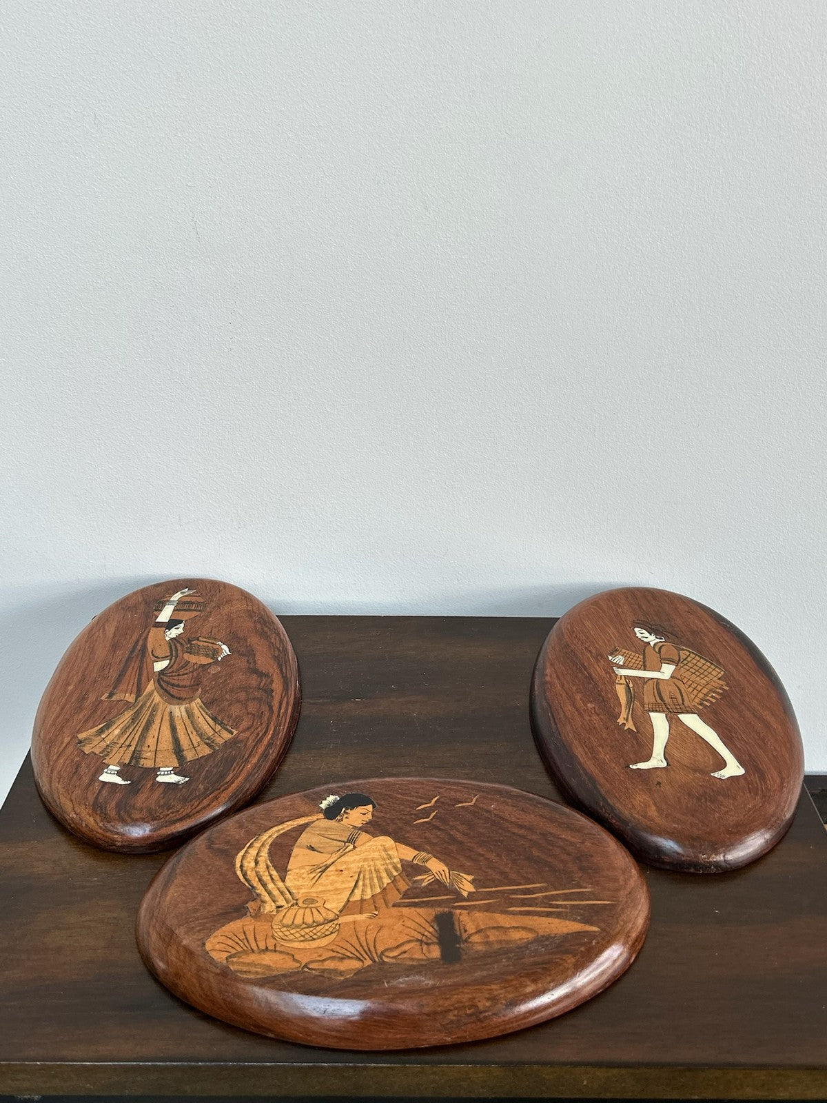 Antique Inlaid Marquetry Oval Plaques Figural Sorrento Style0