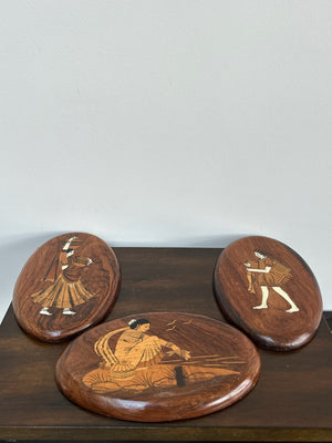 Antique Inlaid Marquetry Oval Plaques Figural Sorrento Style
