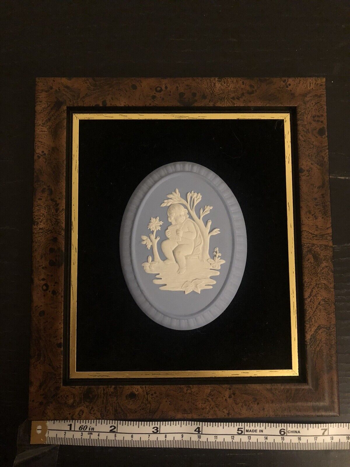 Wedgwood Blue and White Jasperware Oval  Plaque Cupid Framed